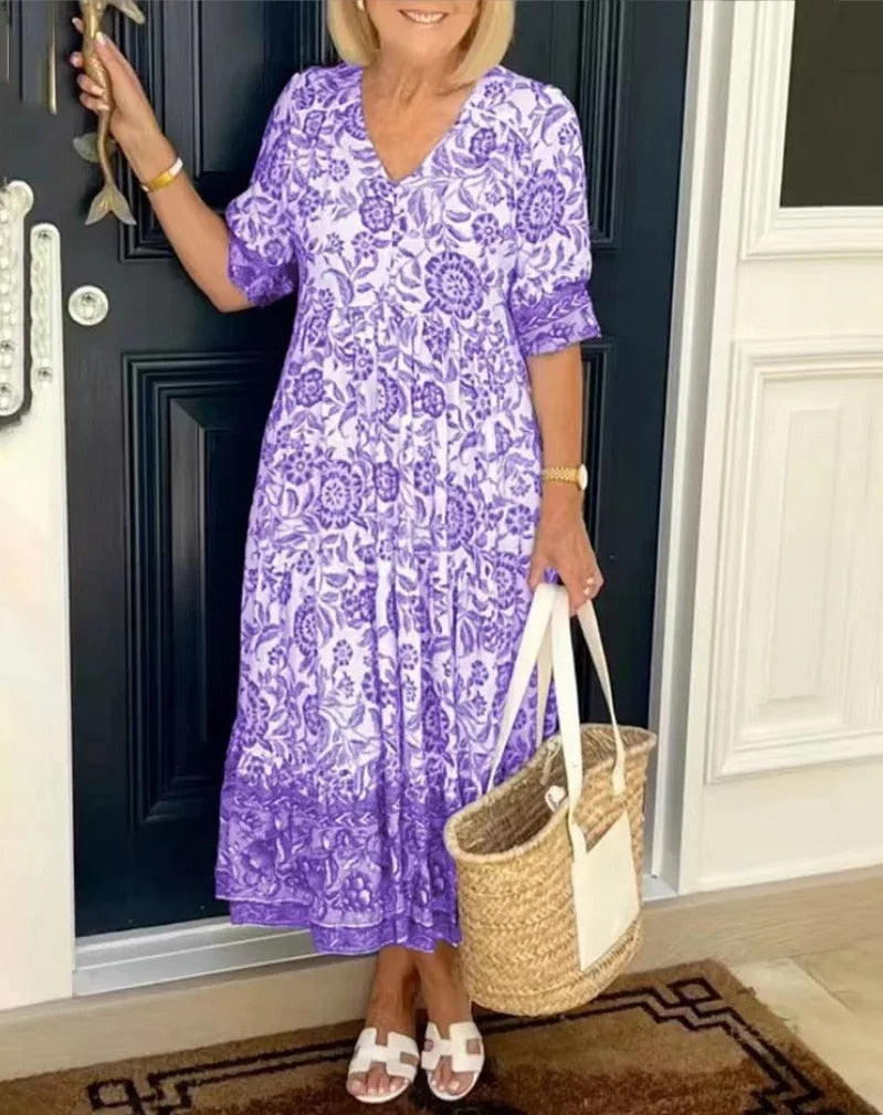 EVELYN - ELEGANT FLORAL DRESS WITH V-NECK