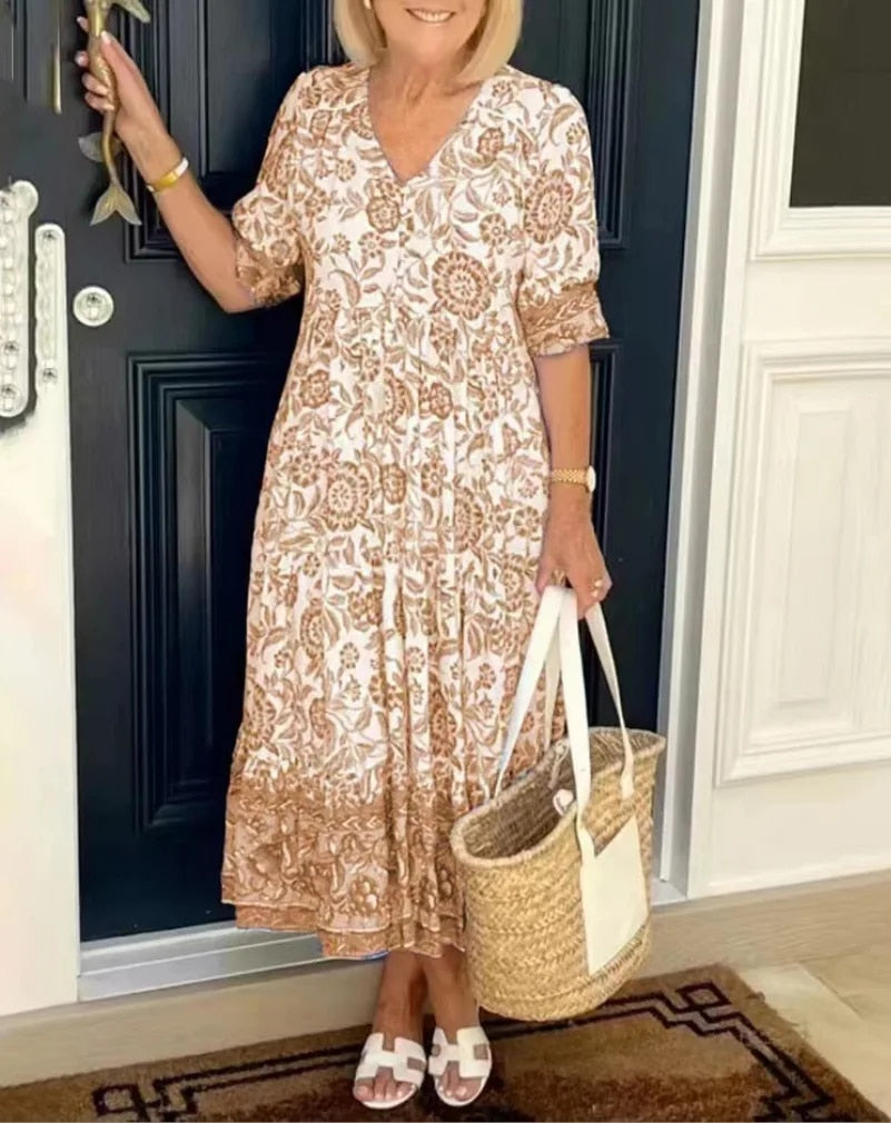 EVELYN - ELEGANT FLORAL DRESS WITH V-NECK