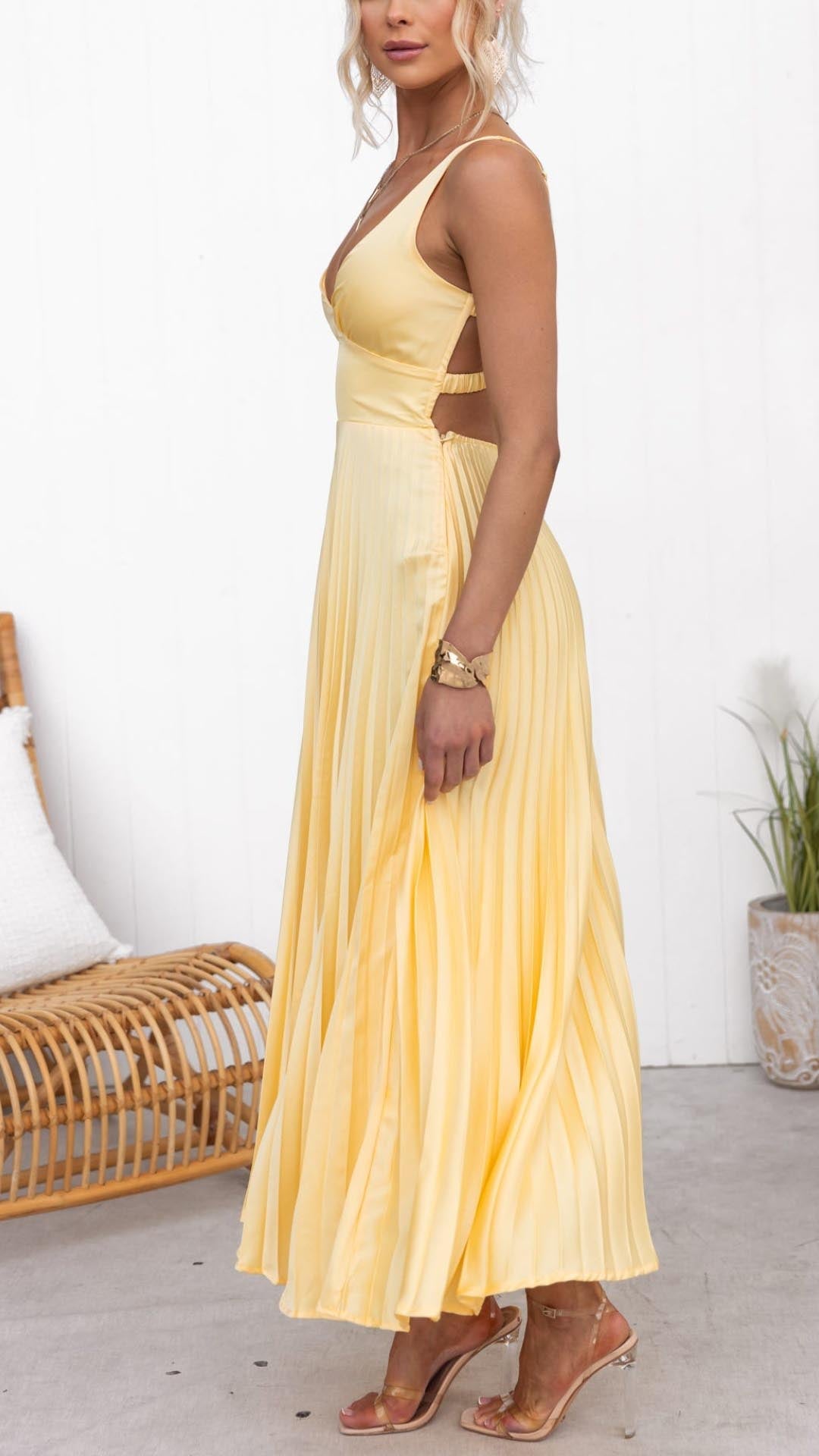 ABY - Yellow Pleated V-Neck Maxi Dress
