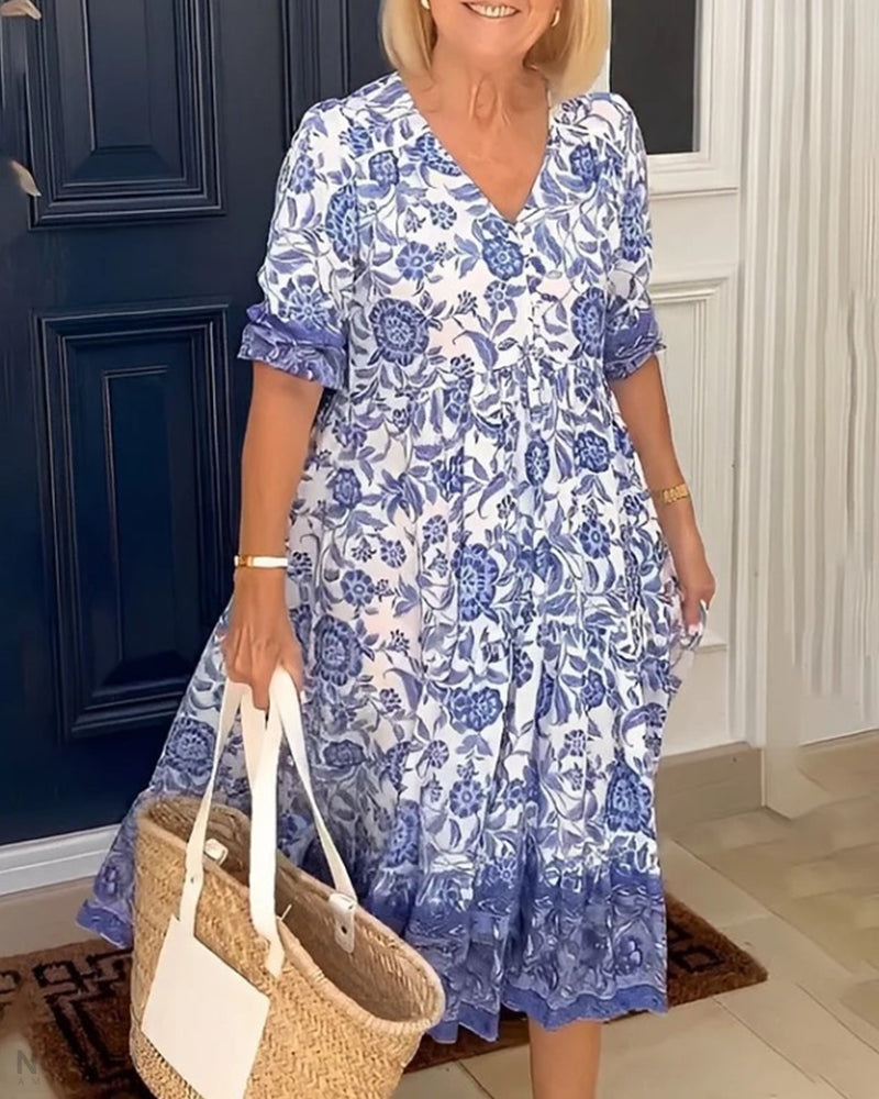 EVELYN - ELEGANT FLORAL DRESS WITH V-NECK
