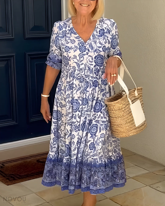 EVELYN - ELEGANT FLORAL DRESS WITH V-NECK